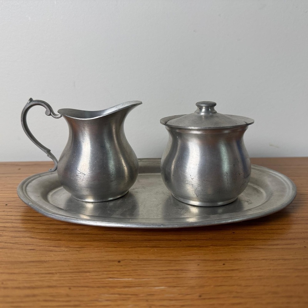 Web Pewter Early American Creamer Sugar Bowl and Oval‎ Tray Set 3 Piece Vintage